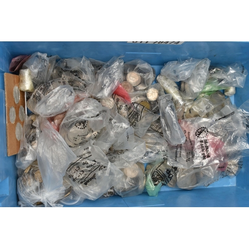 145 - TWO LARGE AND HEAVY PLASTIC TUBS AND A CARDBOARD BOX OF MIXED COINAGE AND UK YEAR PROOF SETS, to inc... 