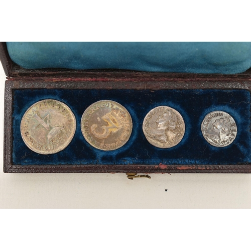 156 - A CASED SET OF FOUR ANNE MAUNDY COINS 4d TO 1d 1706