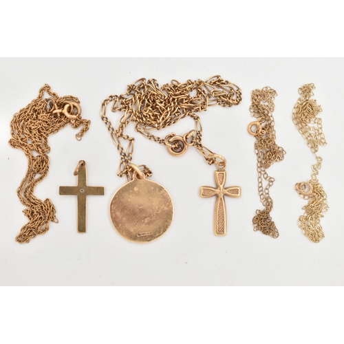 77 - A SELECTION OF YELLOW METAL JEWELLERY AND CHAIN, to include a yellow metal cross set with a small si... 