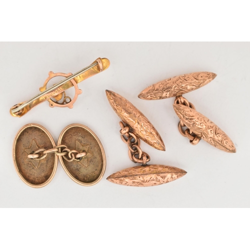 78 - A COLLECTION OF LATE 19TH TO EARLY 20TH CENTURY YELLOW METAL JEWELLERY ITEMS, to include a pair of c... 