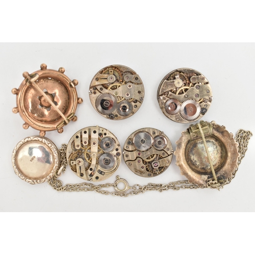 79 - A SELECTION OF JEWELLERY AND WATCH MOVEMENTS, to include a circular silver locket suspended from a b... 