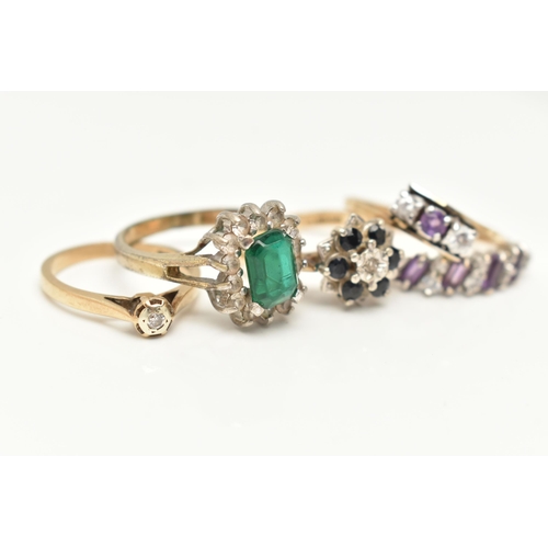 80 - FOUR 9CT GOLD GEM SET RINGS AND A COSTUME RING, to include a 9ct gold single stone diamond ring, ill... 