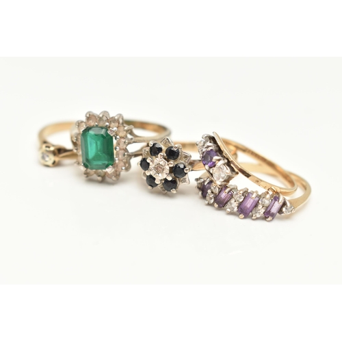 80 - FOUR 9CT GOLD GEM SET RINGS AND A COSTUME RING, to include a 9ct gold single stone diamond ring, ill... 