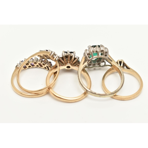 80 - FOUR 9CT GOLD GEM SET RINGS AND A COSTUME RING, to include a 9ct gold single stone diamond ring, ill... 