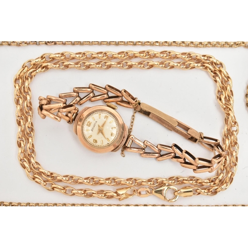 88 - THREE 9CT GOLD CHAINS AND A 9CT GOLD WATCH, the first a yellow gold double belcher link style chain,... 