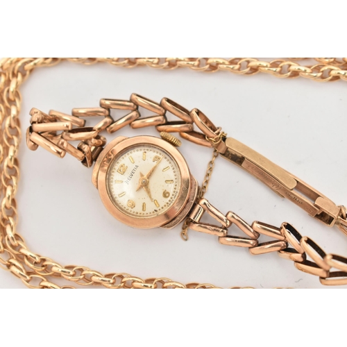 88 - THREE 9CT GOLD CHAINS AND A 9CT GOLD WATCH, the first a yellow gold double belcher link style chain,... 