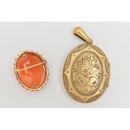 93 - A 9CT GOLD CAMEO BROOCH, a shell cameo depicting a ladys profile, collet set in yellow gold with twi... 