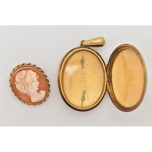 93 - A 9CT GOLD CAMEO BROOCH, a shell cameo depicting a ladys profile, collet set in yellow gold with twi... 