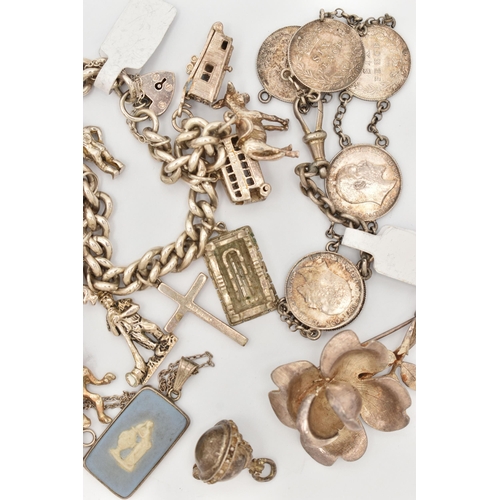 95 - A BAG OF ASSORTED SILVER AND WHITE METAL JEWELLERY, to include a silver floral brooch, hallmarked Bi... 