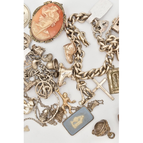 95 - A BAG OF ASSORTED SILVER AND WHITE METAL JEWELLERY, to include a silver floral brooch, hallmarked Bi... 