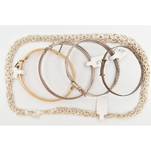 96 - FOUR BRACELETS AND A CHAIN, to include a rolled gold hinged bangle with foliate pattern, fitted with... 