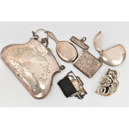 97 - ASSORTED SILVER ITEMS, to include an early 20th century floral and bow detailed coin purse, push but... 