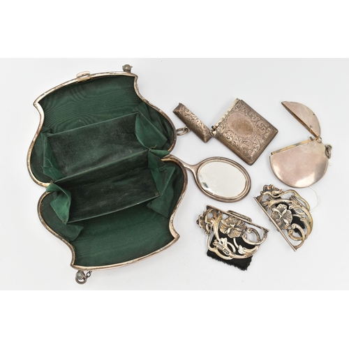 97 - ASSORTED SILVER ITEMS, to include an early 20th century floral and bow detailed coin purse, push but... 