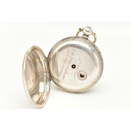 98 - AN EARLY 20TH CENTURY KEY WOUND WHITE METAL POCKET WATCH, the white ceramic dial, with black Roman n... 