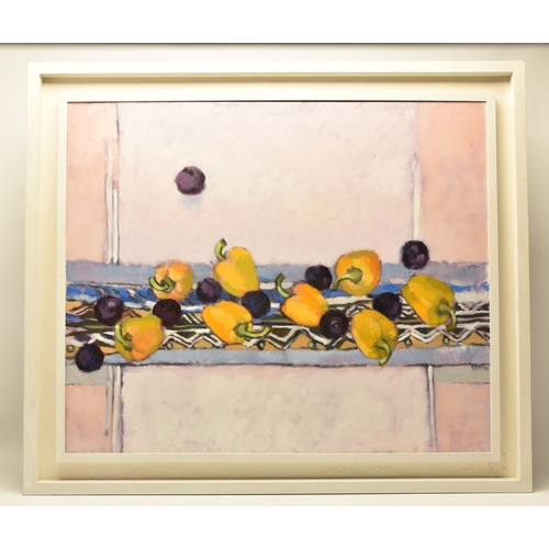 299 - RICHARD JOHN CROFT (BRITISH 1935) PLUMS AND PEPPERS, a still life study of purple plums and yellow p... 