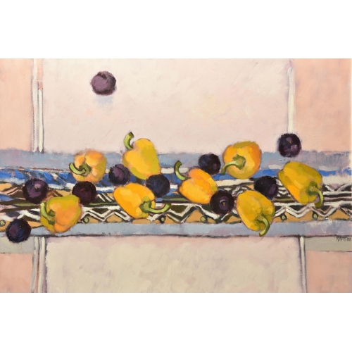 299 - RICHARD JOHN CROFT (BRITISH 1935) PLUMS AND PEPPERS, a still life study of purple plums and yellow p... 