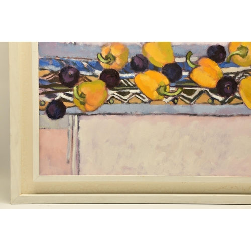 299 - RICHARD JOHN CROFT (BRITISH 1935) PLUMS AND PEPPERS, a still life study of purple plums and yellow p... 