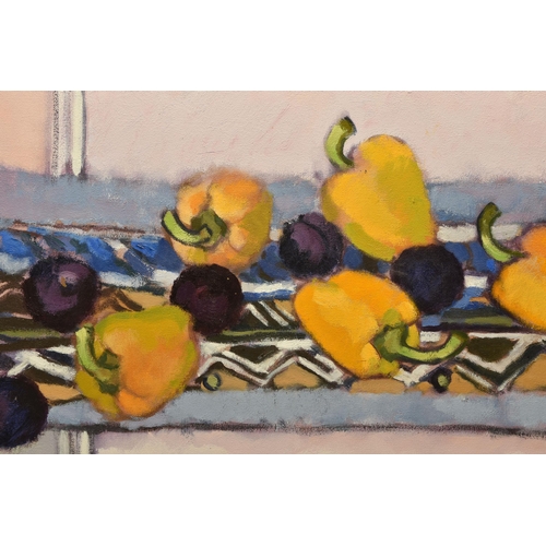 299 - RICHARD JOHN CROFT (BRITISH 1935) PLUMS AND PEPPERS, a still life study of purple plums and yellow p... 