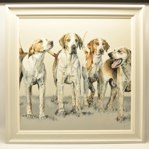 310 - VICKY PALMER (BRITISH CONTEMPORARY) 'BERKELEYS DAYS LONG', a portrait of four dogs from the Berkeley... 