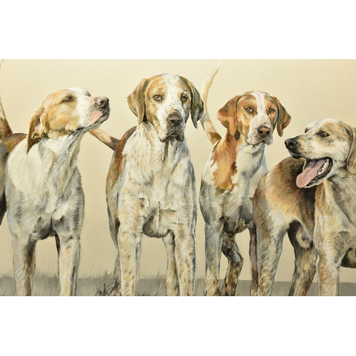 310 - VICKY PALMER (BRITISH CONTEMPORARY) 'BERKELEYS DAYS LONG', a portrait of four dogs from the Berkeley... 