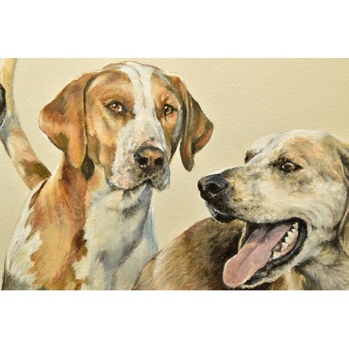 310 - VICKY PALMER (BRITISH CONTEMPORARY) 'BERKELEYS DAYS LONG', a portrait of four dogs from the Berkeley... 