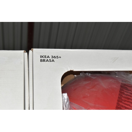 321 - TWO BOXED AND UNUSED IKEA 365+ BRASA RED PENDANT LIGHT FITTINGS, comprising two boxed pendant light ... 