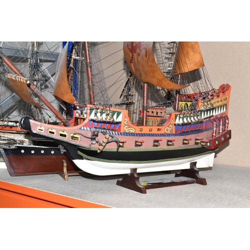 324 - THREE KIT BUILT MODEL SAILING SHIPS, comprising a model of 'The Golden Hind' with a certificate pres... 