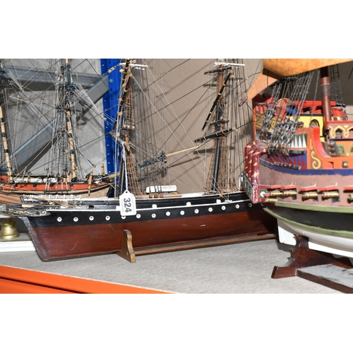 324 - THREE KIT BUILT MODEL SAILING SHIPS, comprising a model of 'The Golden Hind' with a certificate pres... 