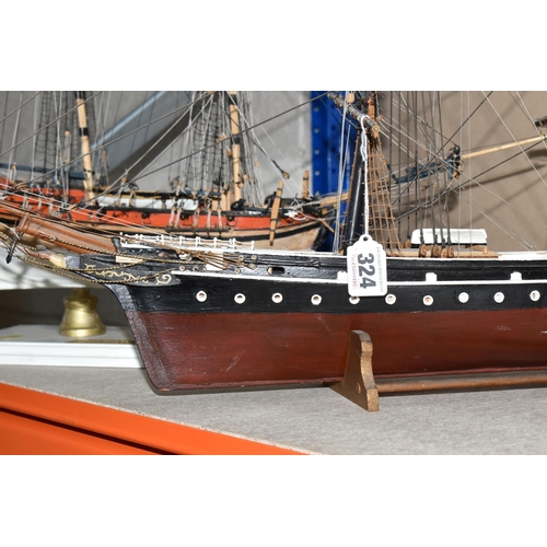 324 - THREE KIT BUILT MODEL SAILING SHIPS, comprising a model of 'The Golden Hind' with a certificate pres... 