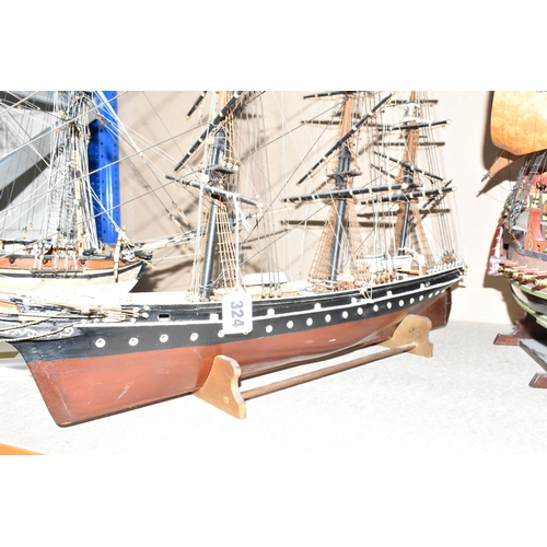 324 - THREE KIT BUILT MODEL SAILING SHIPS, comprising a model of 'The Golden Hind' with a certificate pres... 