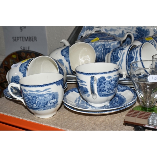 328 - A COLLECTION OF NAMED CERAMICS AND GLASSWARE, a Johnson Brothers 'Old Britain Castles' pattern blue ... 