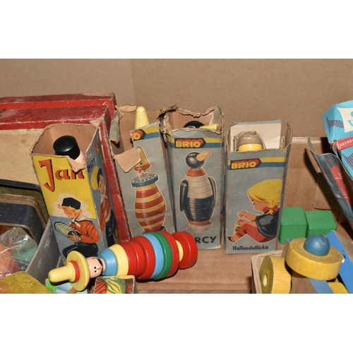 330 - A COLLECTION OF VINTAGE TOYS, to include boxed and unboxed wooden Brio Stacking toys, boxed small wo... 