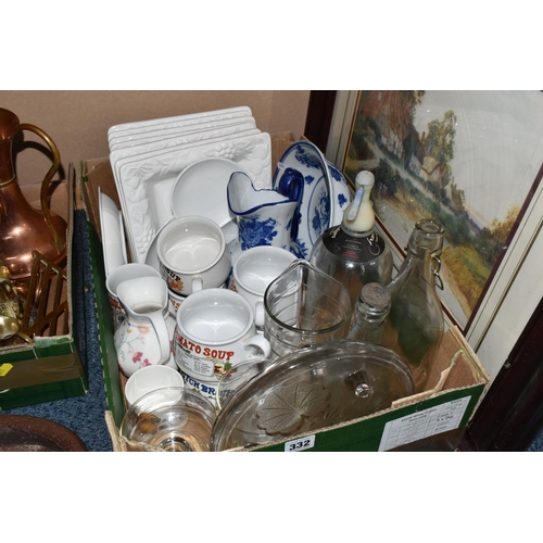 332 - TWO BOXES AND LOOSE METALWARE AND CERAMICS, to include a copper kettle and jug, brass ornaments, cas... 