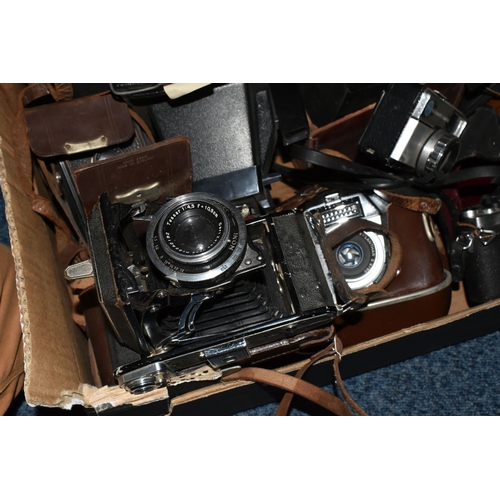 333 - ONE BOX OF VINTAGE CAMERAS, to include a 1936 German made Zeiss ikon camera, Voigtlander Bessamatic,... 