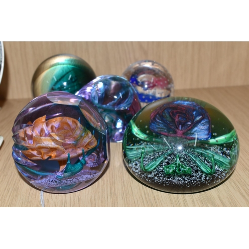 349 - FIVE CAITHNESS GLASS PAPERWEIGHTS, comprising limited editions: 'Amore' 4/50, 'Aria' 36/500 and 'Dis... 