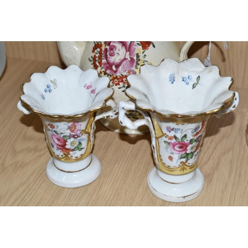 352 - AN EIGHTEENTH CENTURY CREAMWARE COFFEE POT, AND TWO NINETEENTH CENTURY VASES, the baluster form coff... 