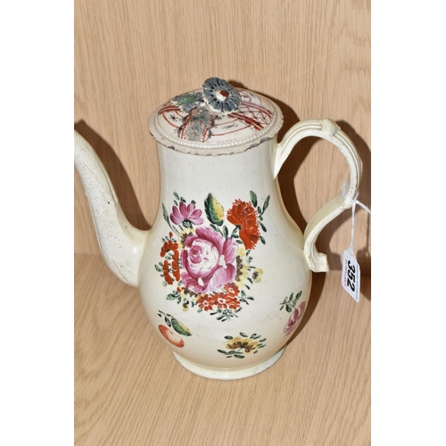 352 - AN EIGHTEENTH CENTURY CREAMWARE COFFEE POT, AND TWO NINETEENTH CENTURY VASES, the baluster form coff... 