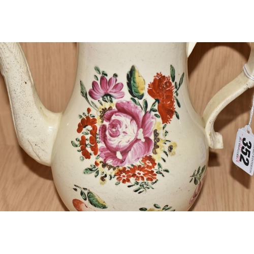 352 - AN EIGHTEENTH CENTURY CREAMWARE COFFEE POT, AND TWO NINETEENTH CENTURY VASES, the baluster form coff... 