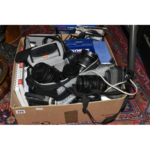 375 - A BOX AND LOOSE CAMERAS, LENSES, AND ACCESSORIES to include a Canon EOS 500D fitted with a Canon Zoo... 