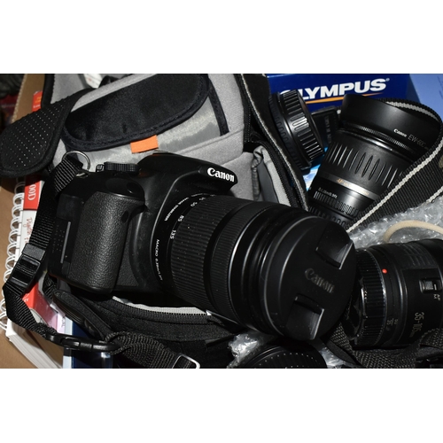 375 - A BOX AND LOOSE CAMERAS, LENSES, AND ACCESSORIES to include a Canon EOS 500D fitted with a Canon Zoo... 