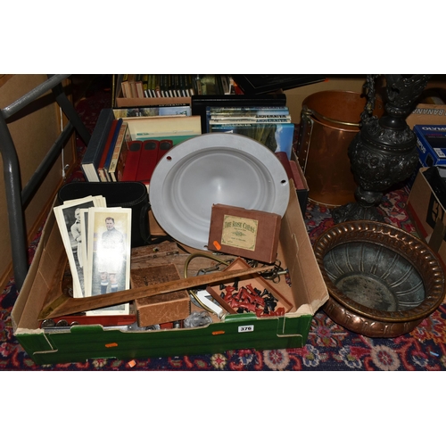 376 - TWO BOXES AND LOOSE MISCELLANEOUS ITEMS to include sixteen 1930's Topical Times Footballer photograp... 