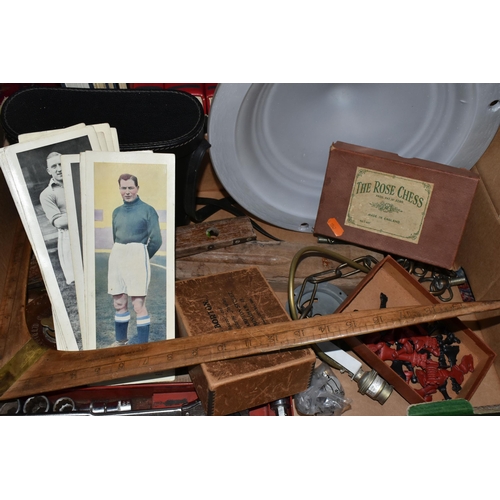 376 - TWO BOXES AND LOOSE MISCELLANEOUS ITEMS to include sixteen 1930's Topical Times Footballer photograp... 