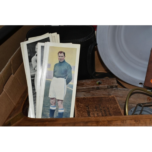 376 - TWO BOXES AND LOOSE MISCELLANEOUS ITEMS to include sixteen 1930's Topical Times Footballer photograp... 