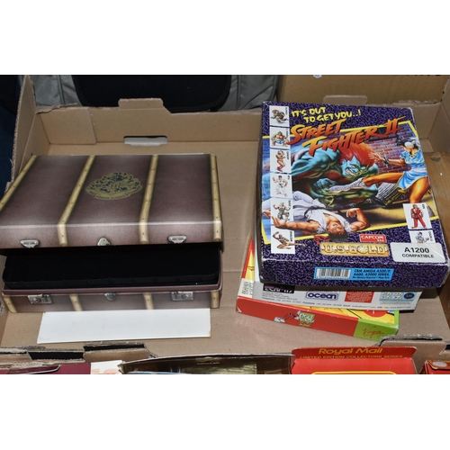 382 - TWO BOXES OF COLLECTIBLE CARS AND GAMES to include a Special Edition Boxed Corgi Harry Potter Hogwar... 