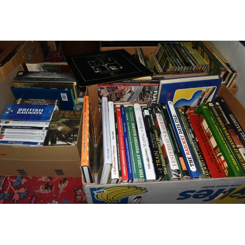 383 - THREE BOXES AND LOOSE RAILWAY THEMED BOOKS, DVDS, AND VHS to include a large quantity of books relat... 