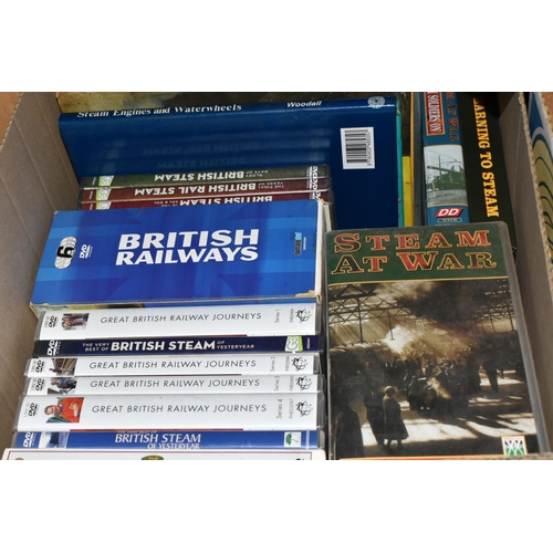 383 - THREE BOXES AND LOOSE RAILWAY THEMED BOOKS, DVDS, AND VHS to include a large quantity of books relat... 