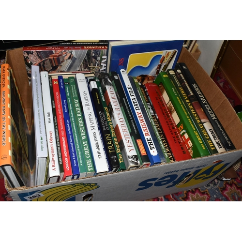 383 - THREE BOXES AND LOOSE RAILWAY THEMED BOOKS, DVDS, AND VHS to include a large quantity of books relat... 