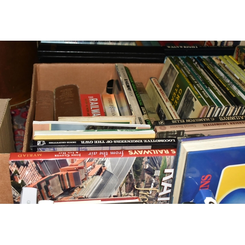 383 - THREE BOXES AND LOOSE RAILWAY THEMED BOOKS, DVDS, AND VHS to include a large quantity of books relat... 