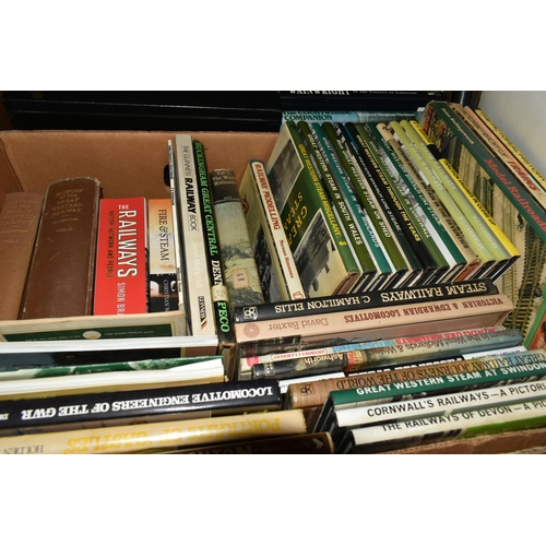 383 - THREE BOXES AND LOOSE RAILWAY THEMED BOOKS, DVDS, AND VHS to include a large quantity of books relat... 