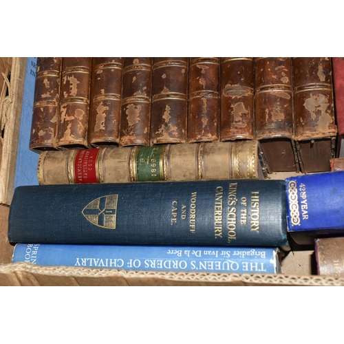 384 - Two Boxes of Books and Maps containing over thirty-five book titles, many leather bound, dating from... 